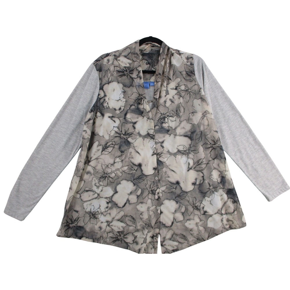 Simply Vera Vera Wang Womens XL Grey Floral Mesh Mixed Media Button Front Top